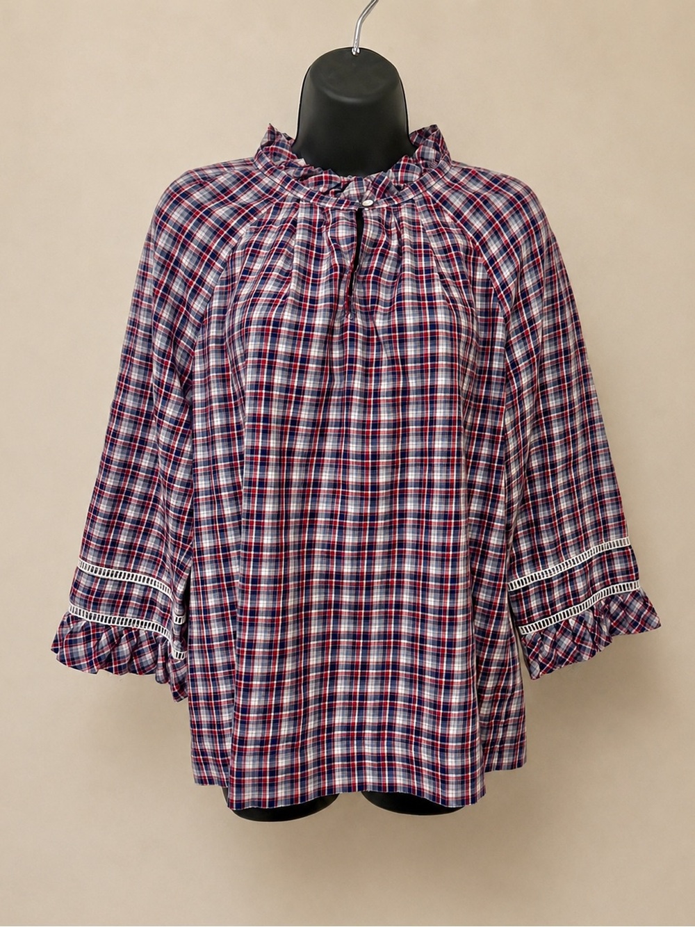 Margaret O'Leary 100% Cotton Red White & Blue Plaid Blouse, SZ L EUC